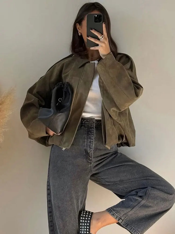 CALORA_ Dames Suede Bomber Jas Bruin Groen Met Rits Motorjas