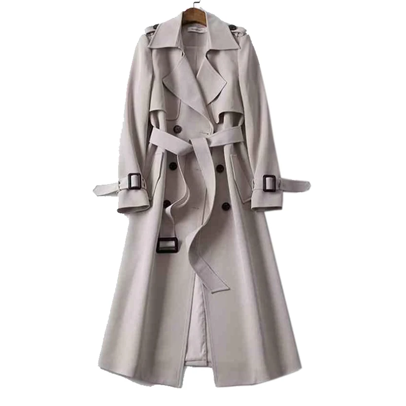 Dames Trenchcoat met Dubbele Rij Knopen en Lange Mouwen-trenchcoat dames-Calora-Beige-S-Calora