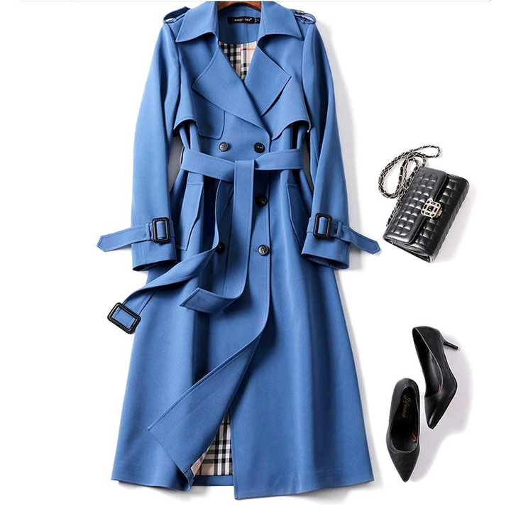 Dames Trenchcoat met Dubbele Rij Knopen en Lange Mouwen-trenchcoat dames-Calora-Blauw-S-Calora