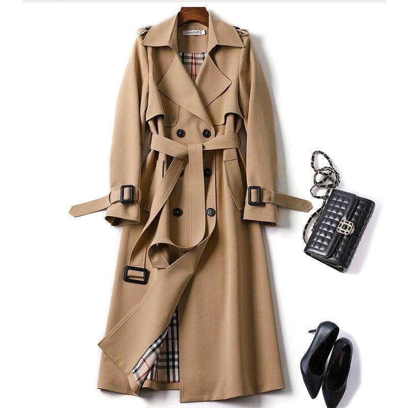 Dames Trenchcoat met Dubbele Rij Knopen en Lange Mouwen-trenchcoat dames-Calora-Bruin-S-Calora