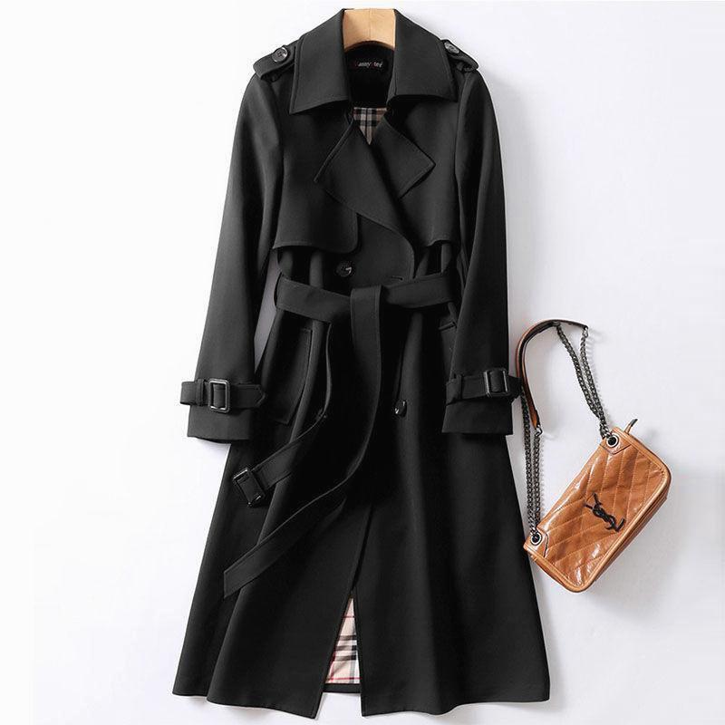 Dames Trenchcoat met Dubbele Rij Knopen en Lange Mouwen-trenchcoat dames-Calora-Zwart-S-Calora