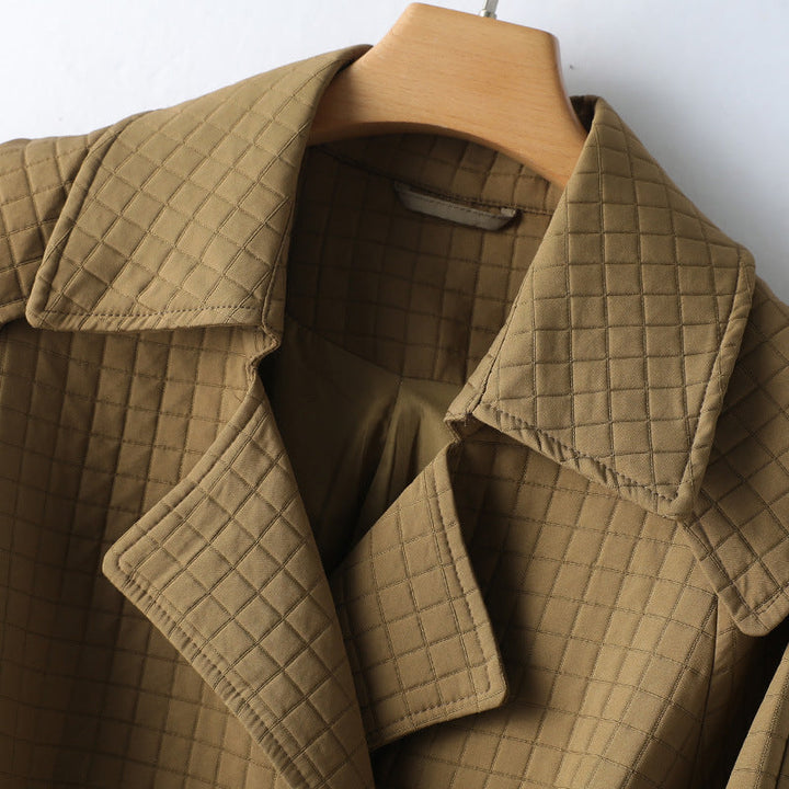 Dames Trenchcoat met Vierkante Ruit en Revers voor Elegante Stijl-trenchcoat dames-Calora-S-Calora