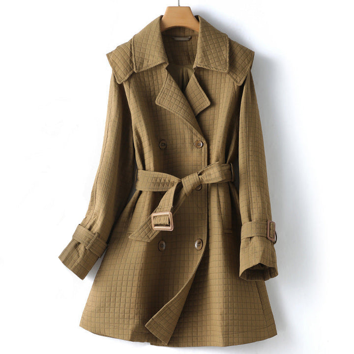 Dames Trenchcoat met Vierkante Ruit en Revers voor Elegante Stijl-trenchcoat dames-Calora-S-Calora