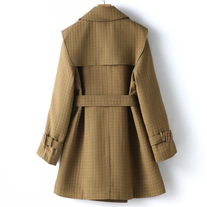Dames Trenchcoat met Vierkante Ruit en Revers voor Elegante Stijl-trenchcoat dames-Calora-S-Calora