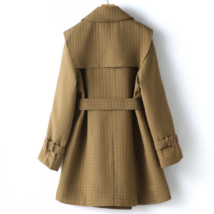 Dames Trenchcoat met Vierkante Ruit en Revers voor Elegante Stijl-trenchcoat dames-Calora-S-Calora