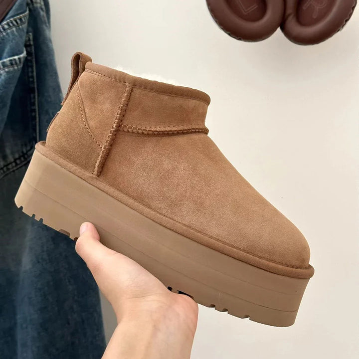 CALORA_ Dames Ultra Mini Platformlaarzen Met Bontvoering Zwart