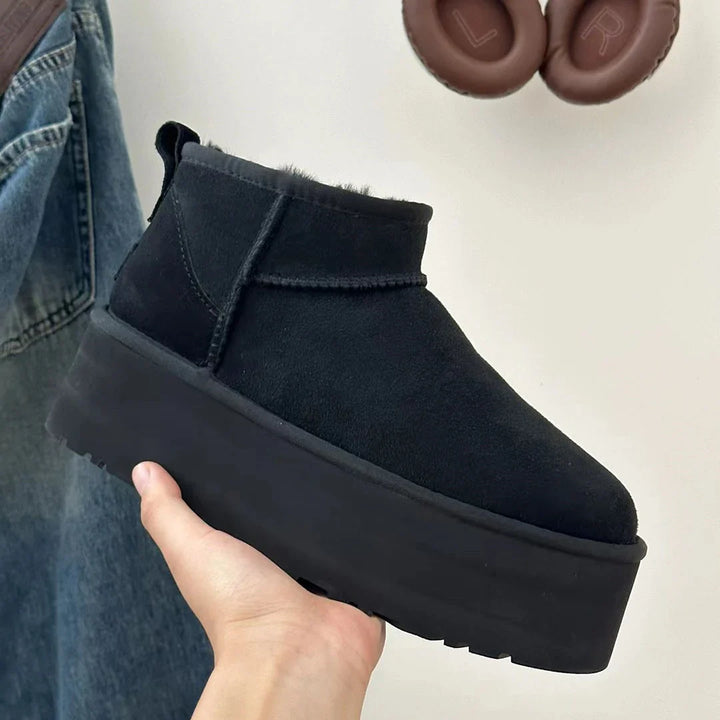 CALORA_ Dames Ultra Mini Platformlaarzen Met Bontvoering Zwart