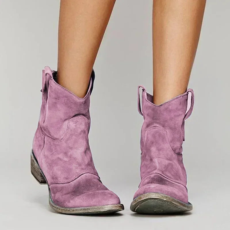 CALORA_ Dames Vintage Cowboy Enkellaarsjes met Puntige Neus en Lage Hak