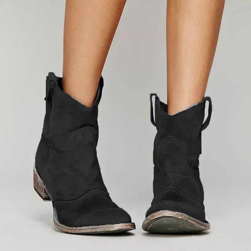 CALORA_ Dames Vintage Cowboy Enkellaarsjes met Puntige Neus en Lage Hak