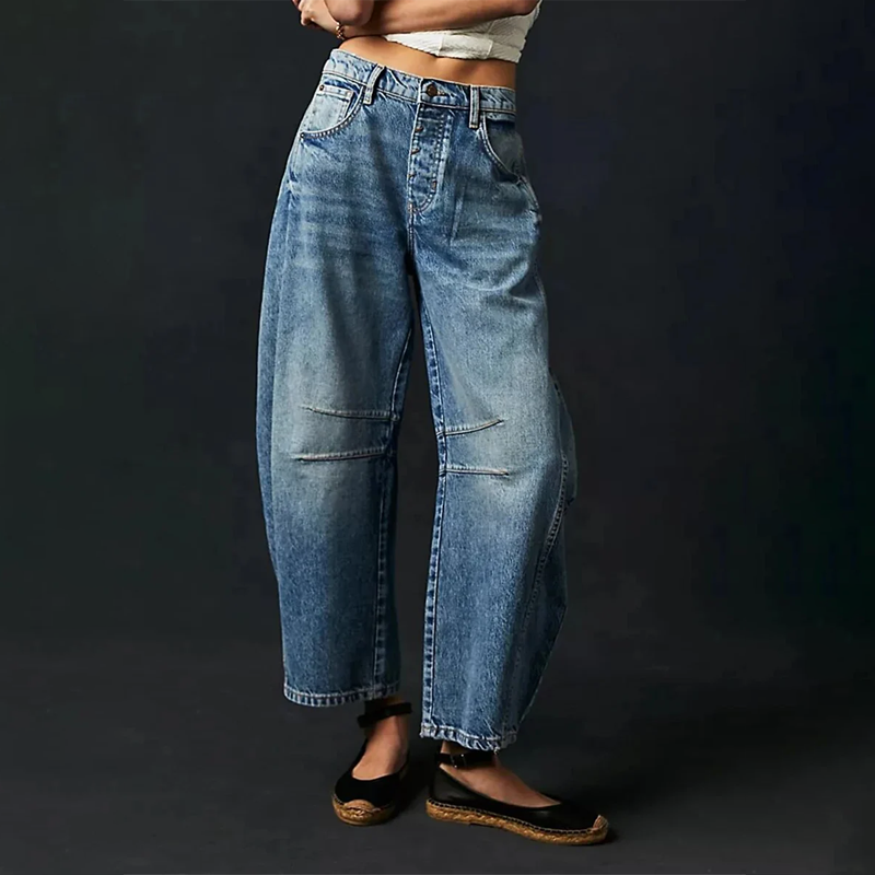 CALORA_ Dames Wijdvallende Jeans Lang Relaxte Pasvorm Natuurvezels