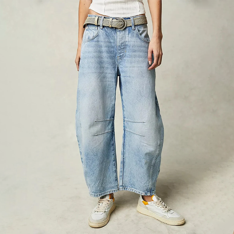 CALORA_ Dames Wijdvallende Jeans Lang Relaxte Pasvorm Natuurvezels