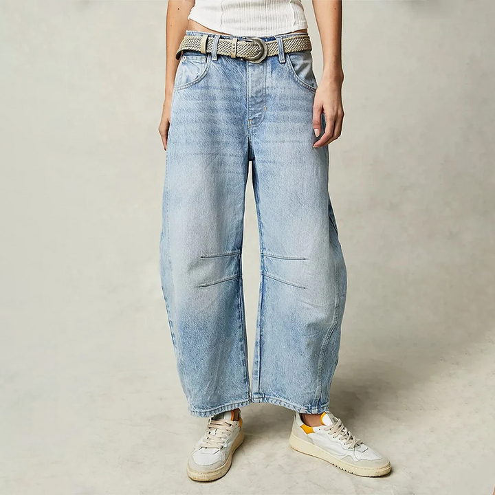 CALORA_ Dames Wijdvallende Jeans Lang Relaxte Pasvorm Natuurvezels