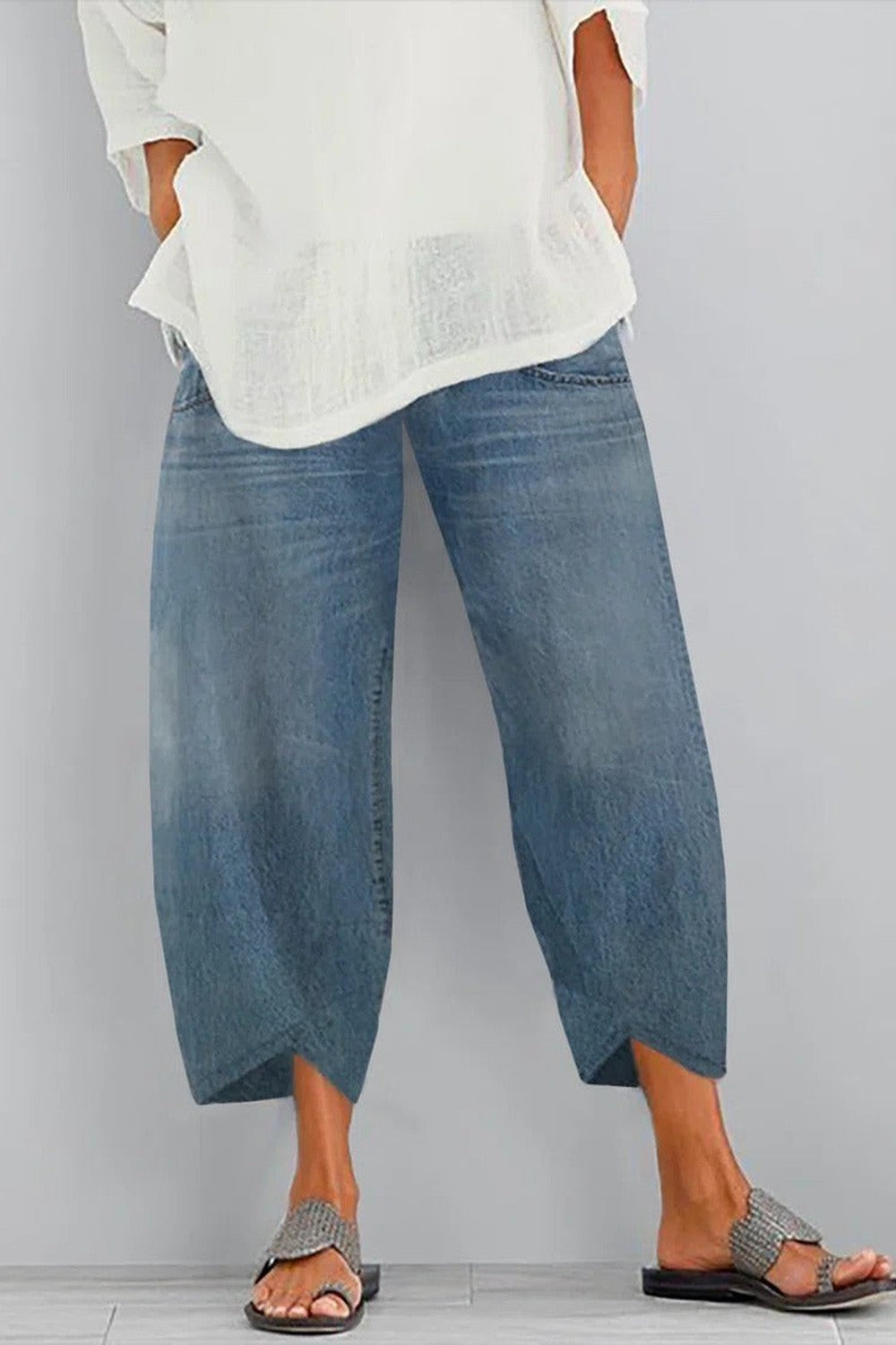 CALORA_ Dames Wijde Pijpen Jeans Met Korte Lengte En Zachte Stof