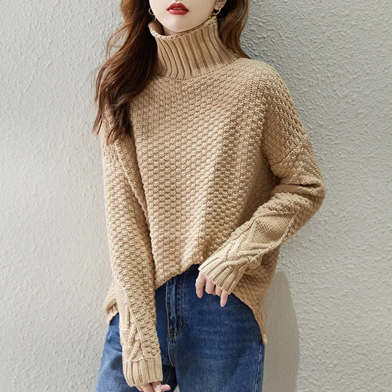Dames winter losse gebreide trui verdikte top-Blazers & Vesten-Calora-Khaki-Eén maat-Calora