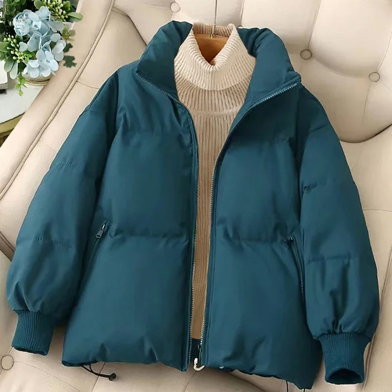 Dames winterpufferjas met rits en inkeping in de hals-Zomer Jassen-Calora-Blauw Groen-S-Calora