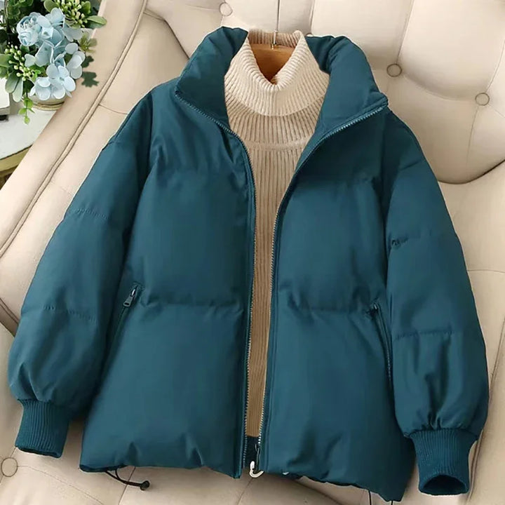 Dames winterpufferjas met rits en inkeping in de hals-Zomer Jassen-Calora-Blauw Groen-S-Calora