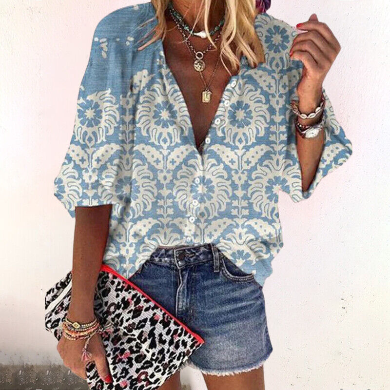 CALORA_ Dames Zomer Blouse met Knoopsluiting en Halflange Mouwen