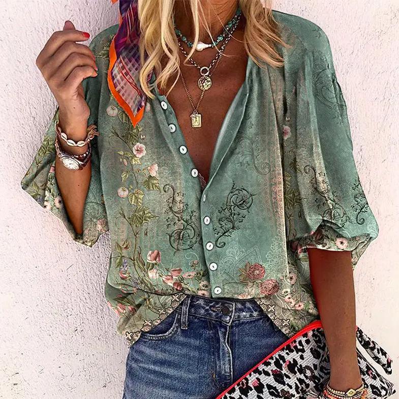 CALORA_ Dames Zomer Blouse met Knoopsluiting en Halflange Mouwen