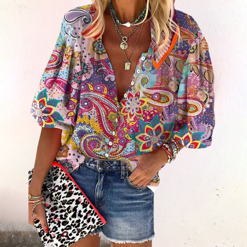 CALORA_ Dames Zomer Blouse met Knoopsluiting en Halflange Mouwen