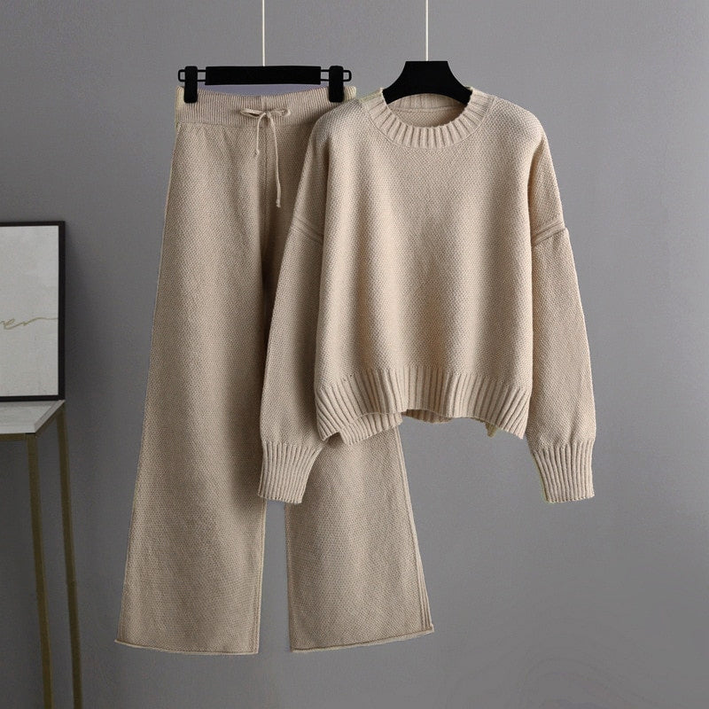 Damesset van los gebreide trui en wijde broek in twee delen-Sets & Pakken-Calora-Khaki-One Size-Calora