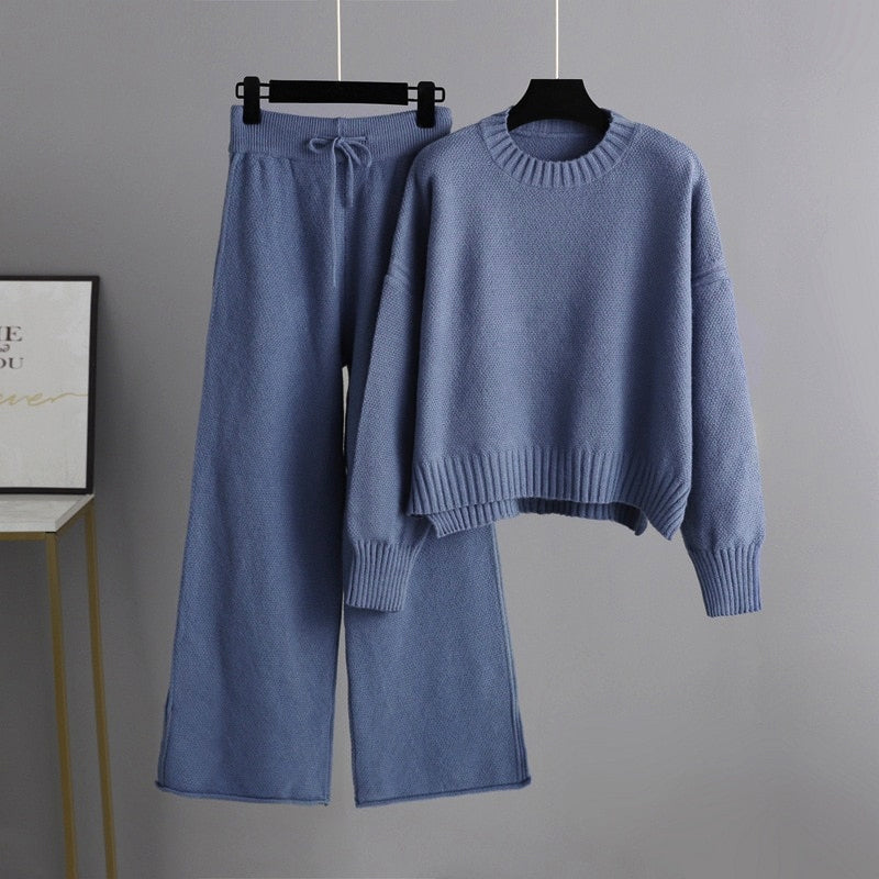 Damesset van los gebreide trui en wijde broek in twee delen-Sets & Pakken-Calora-Roze-One Size-Calora