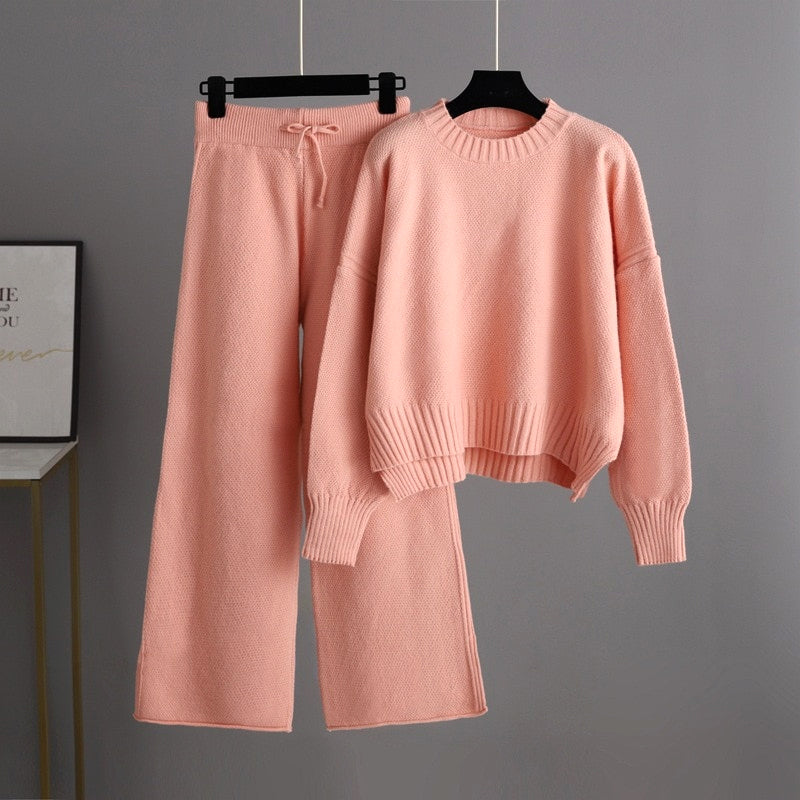 Damesset van los gebreide trui en wijde broek in twee delen-Sets & Pakken-Calora-Roze-One Size-Calora