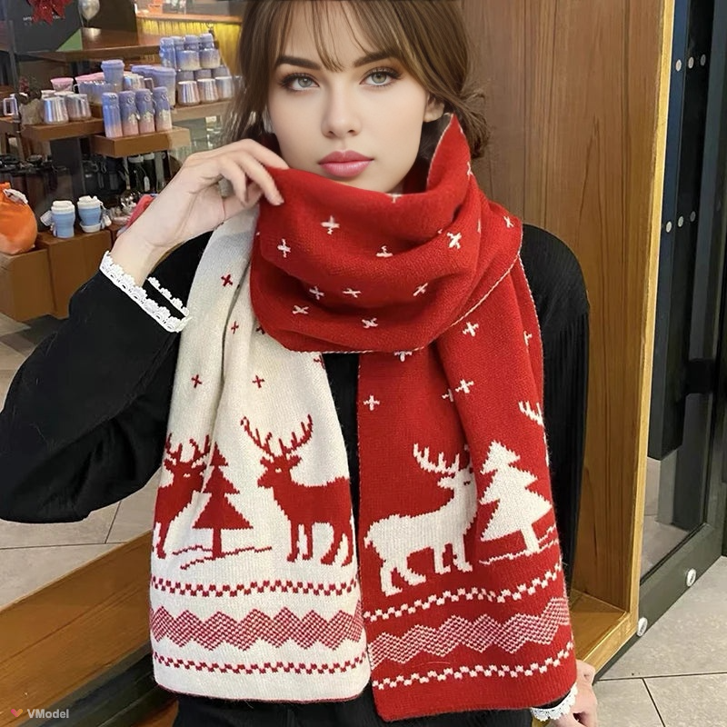 Deer & Elk | Warme Winter Kerst Sjaal - Dubbelzijdig Gebreid-Sjaals-Calora-Zwart-Calora