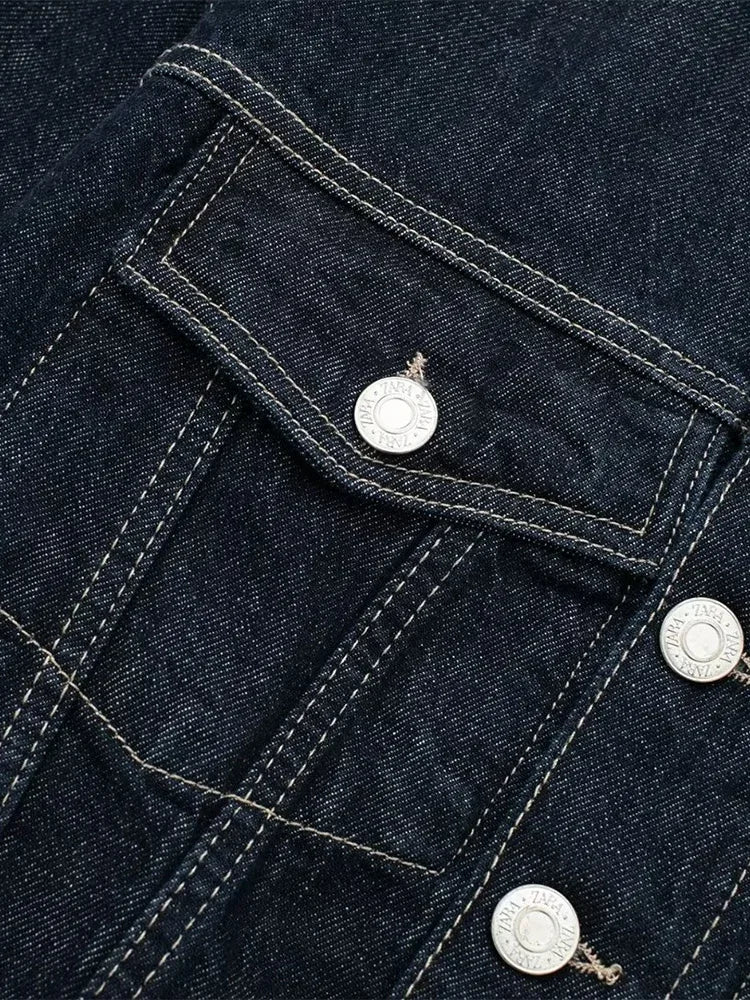 CALORA_ Denim Blauwe Spijkerjas Met Zakken En Vintage Reverskraag Voor Dames