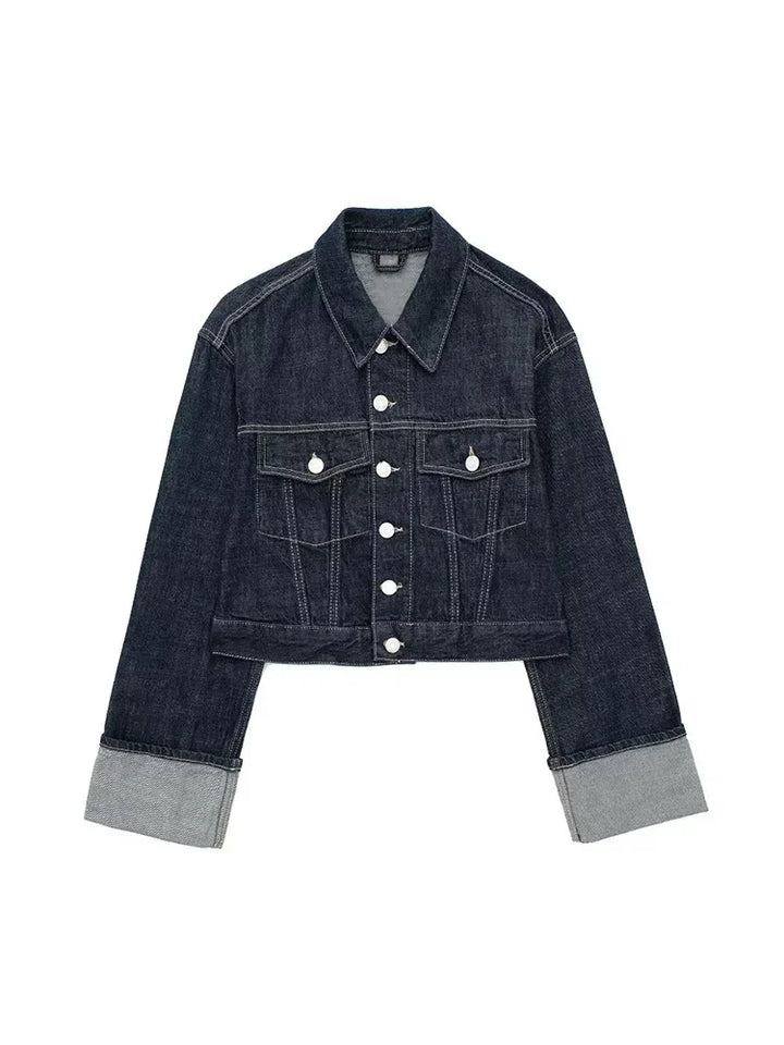 CALORA_ Denim Blauwe Spijkerjas Met Zakken En Vintage Reverskraag Voor Dames