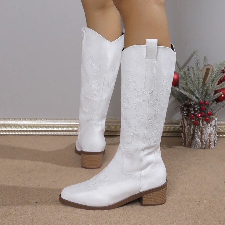 CALORA_ Denim Cowboy Laarzen Dames Met Western Borduursel Blokhak