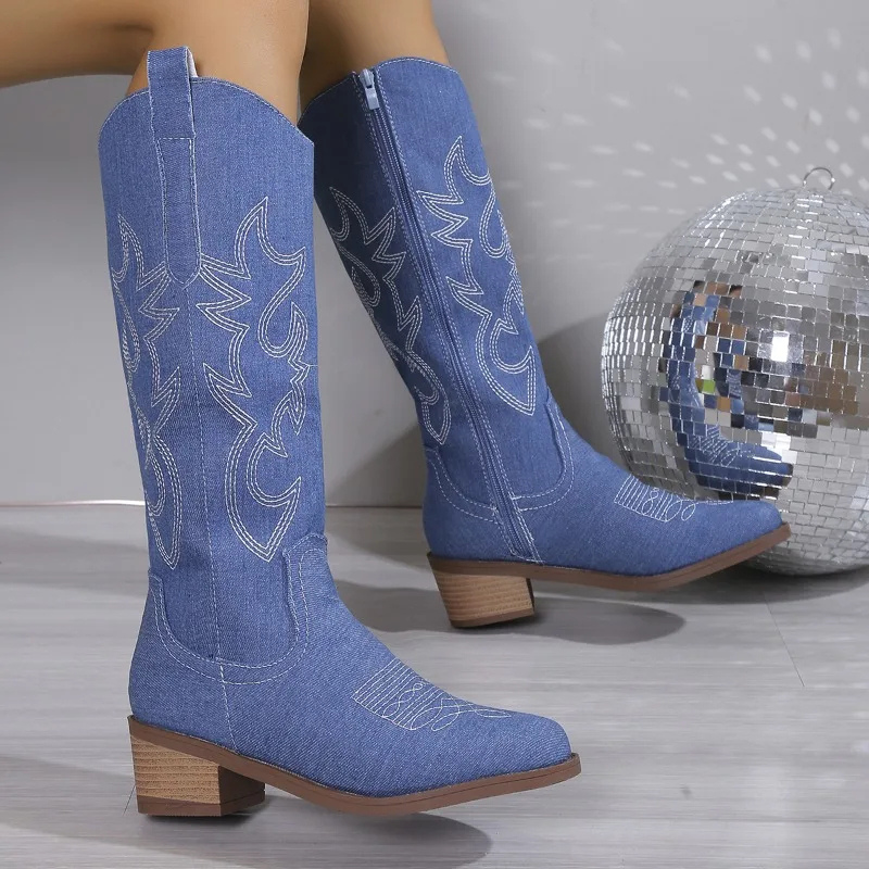 CALORA_ Denim Cowboy Laarzen Dames Met Western Borduursel Blokhak