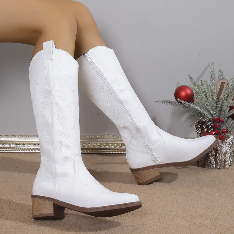 CALORA_ Denim Cowboy Laarzen Dames Met Western Borduursel Blokhak