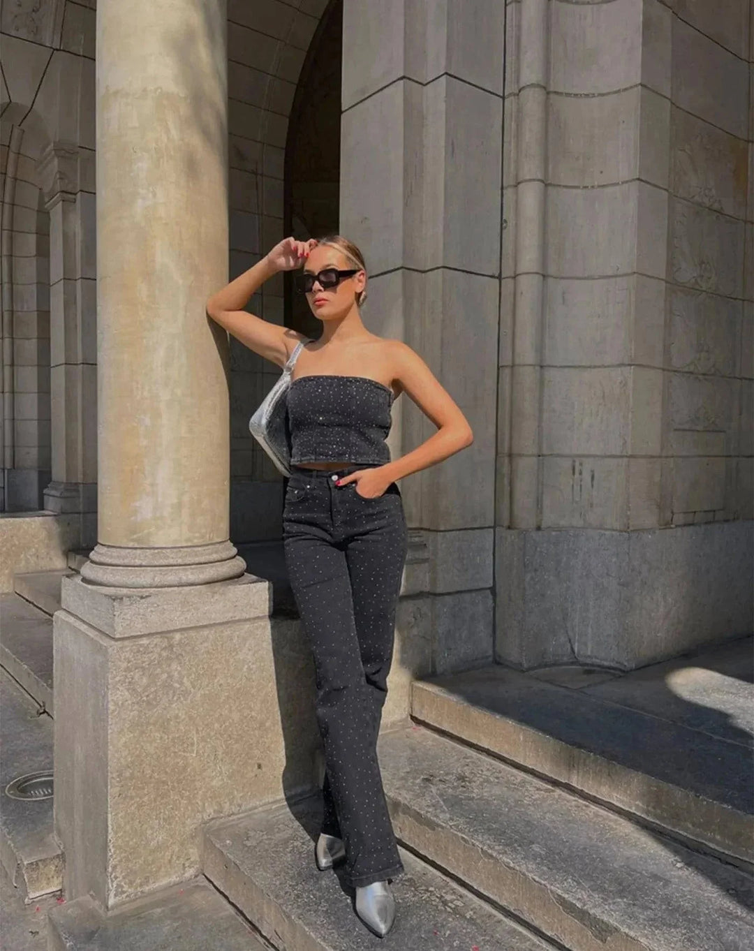 CALORA_ Denim Jeans met Glitter voor een Sprankelende Look