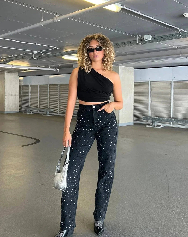 CALORA_ Denim Jeans met Glitter voor een Sprankelende Look