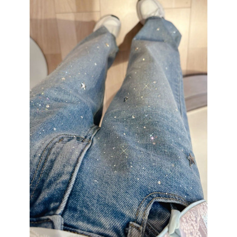 CALORA_ Denim Jeans met Glitter voor een Sprankelende Look