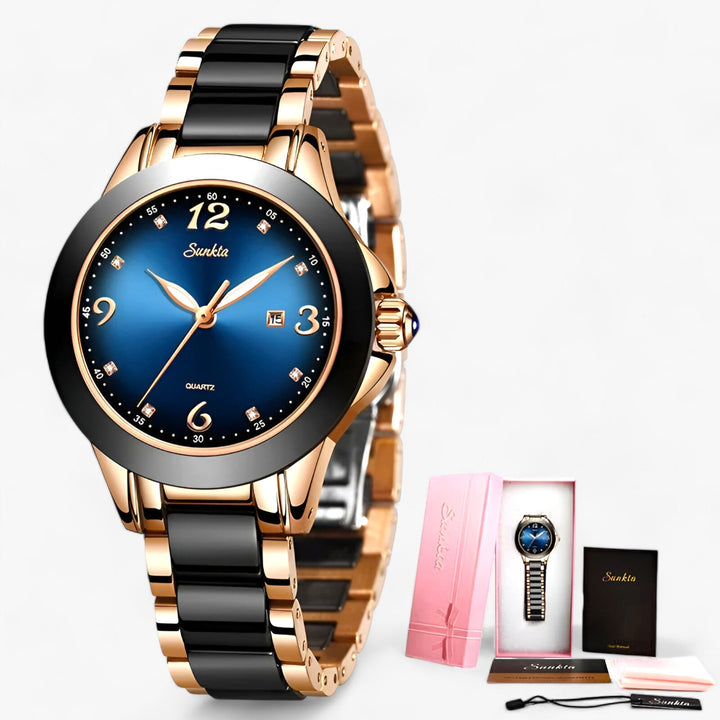 Diamira | Keramisch Stalen Ronde Horloge-Horloges-Calora-Blauw rosé goud-Calora