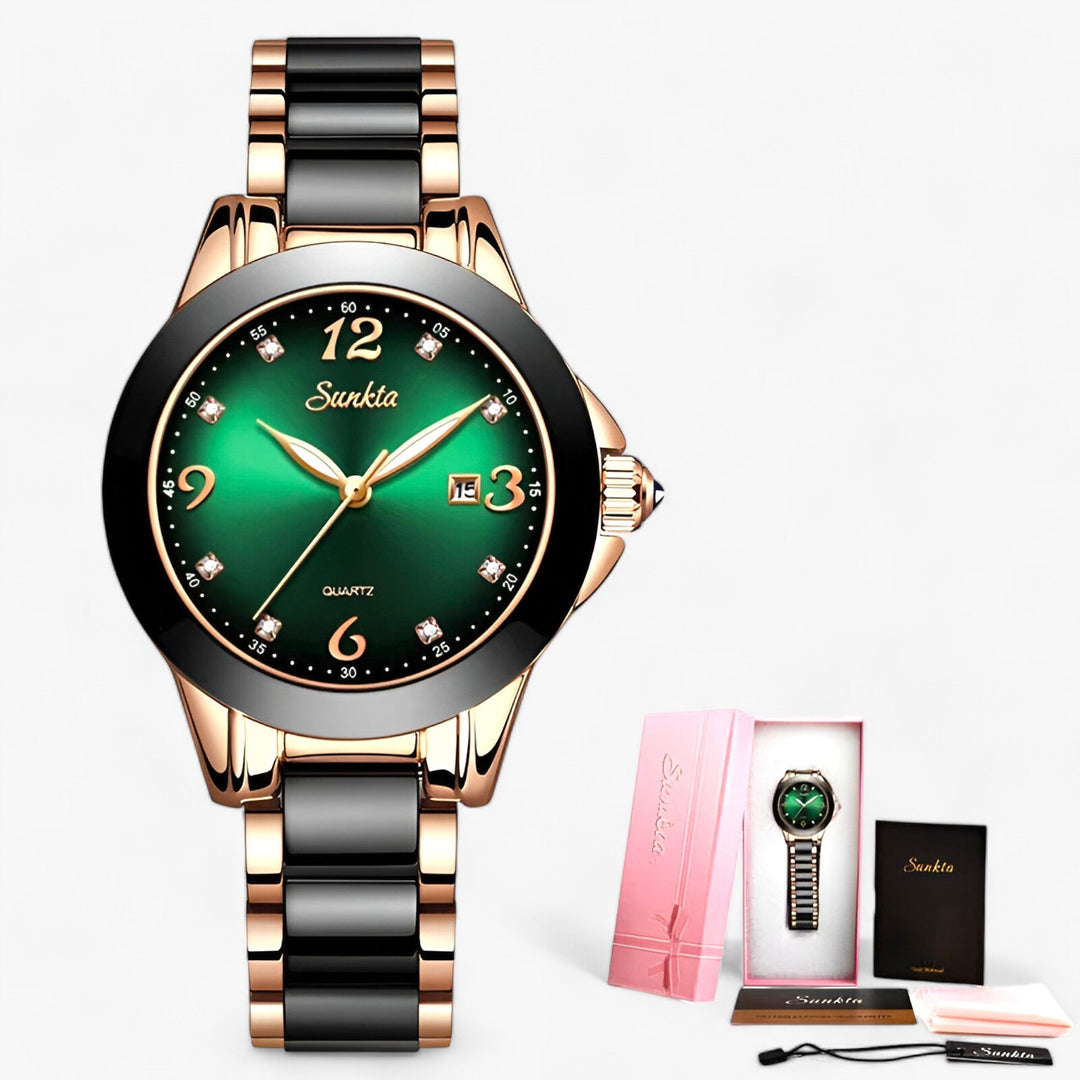 Diamira | Keramisch Stalen Ronde Horloge-Horloges-Calora-groen rosé goud-Calora