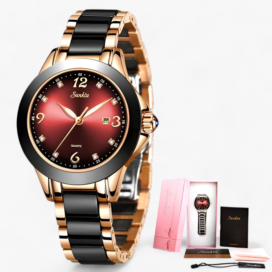 Diamira | Keramisch Stalen Ronde Horloge-Horloges-Calora-rood rosé goud-Calora