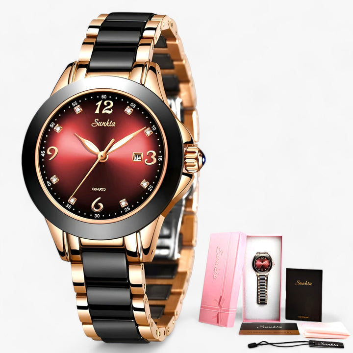 Diamira | Keramisch Stalen Ronde Horloge-Horloges-Calora-rood rosé goud-Calora