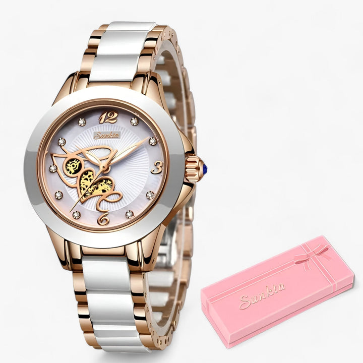 Diamira | Keramisch Stalen Ronde Horloge-Horloges-Calora-Wit hart in rosé goud-Calora