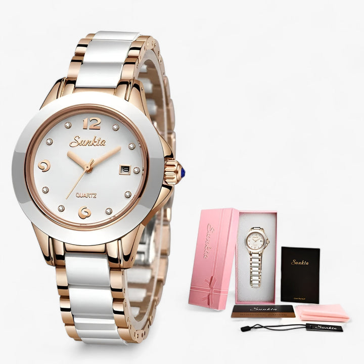 Diamira | Keramisch Stalen Ronde Horloge-Horloges-Calora-wit rosé goud-Calora