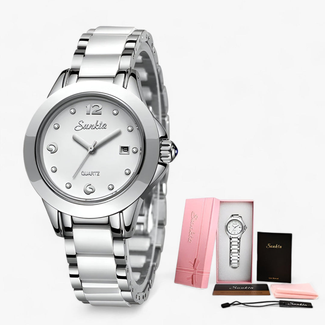 Diamira | Keramisch Stalen Ronde Horloge-Horloges-Calora-Zilver Wit-Calora