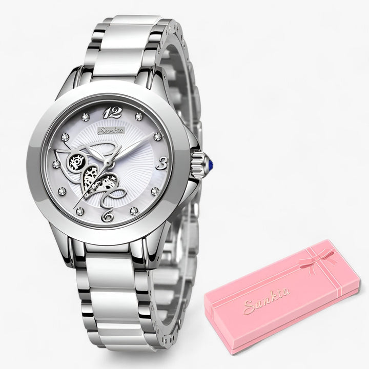 Diamira | Keramisch Stalen Ronde Horloge-Horloges-Calora-Zilver wit hart-Calora