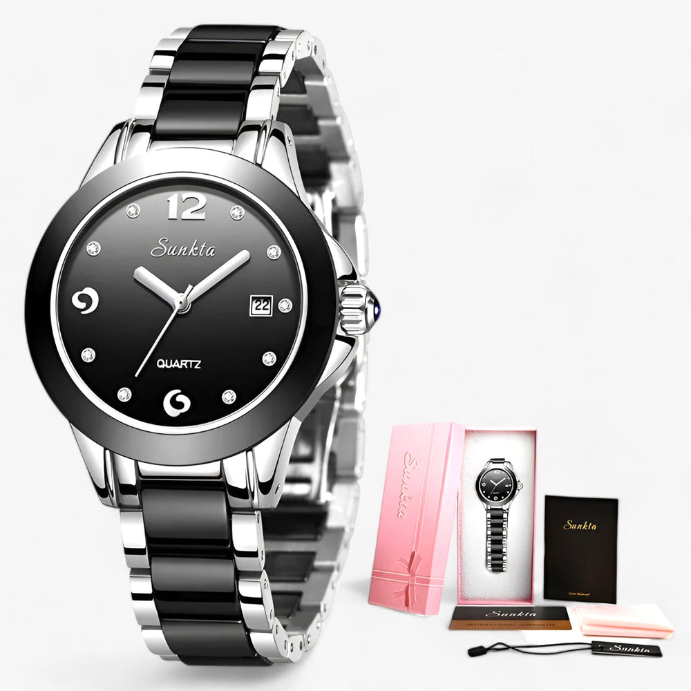 Diamira | Keramisch Stalen Ronde Horloge-Horloges-Calora-Zilver Zwart-Calora