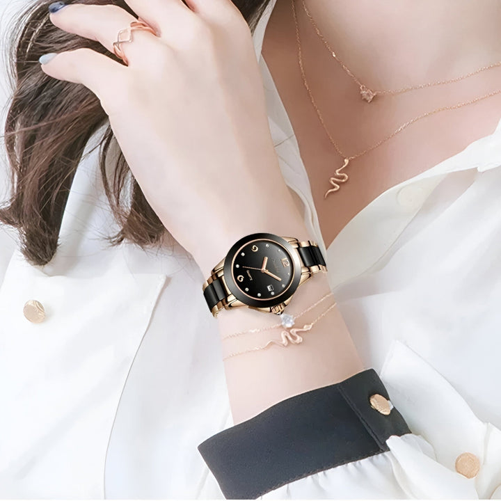 Diamira | Keramisch Stalen Ronde Horloge-Horloges-Calora-Zilver Zwart-Calora