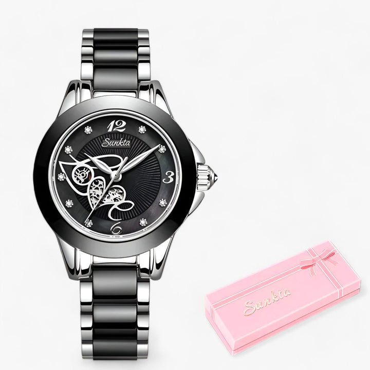 Diamira | Keramisch Stalen Ronde Horloge-Horloges-Calora-Zilver zwart hart-Calora