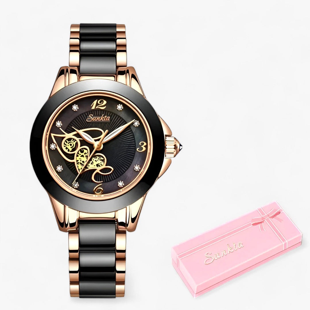 Diamira | Keramisch Stalen Ronde Horloge-Horloges-Calora-Zwart hart in rosé goud-Calora