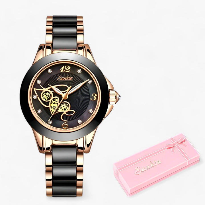 Diamira | Keramisch Stalen Ronde Horloge-Horloges-Calora-Zwart hart in rosé goud-Calora