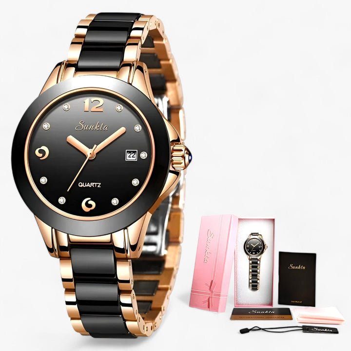 Diamira | Keramisch Stalen Ronde Horloge-Horloges-Calora-zwart rosé goud-Calora