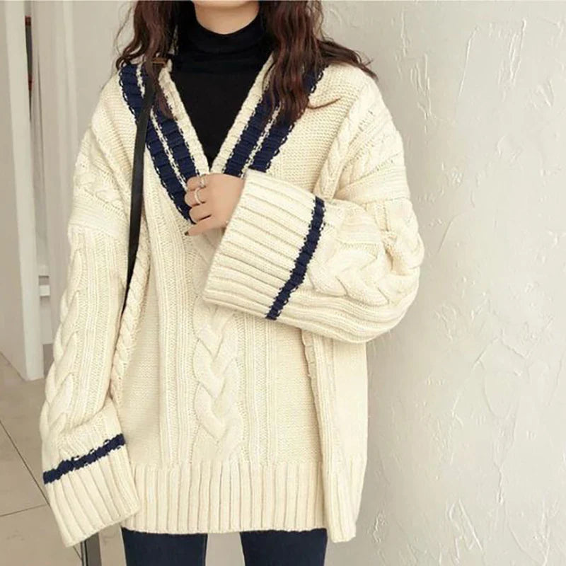 Dikke geribbelde V-hals losse casual gebreide trui-Blazers & Vesten-Calora-Abrikoos-Eén maat-Calora